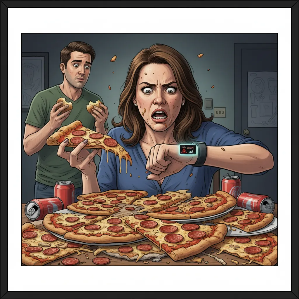 Woman Furious After Fitness Tracker Ruins 'One Last Glorious, Unrestricted Pizza Night' By Revealing Pregnancy — Batshit Bugle satirical news illustration