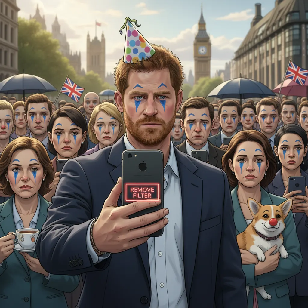Prince Harry's 'Sad Clown' Instagram Filter Deemed Too Accurate, Removed For Causing Public Distress — Batshit Bugle satirical news illustration