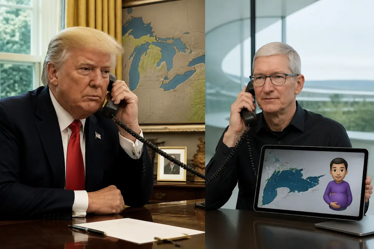 Apple CEO 'Fine' With 'Lake America', Relieved Trump Didn't Mention 'Pregnant Man' Emoji — Batshit Bugle satirical news illustration