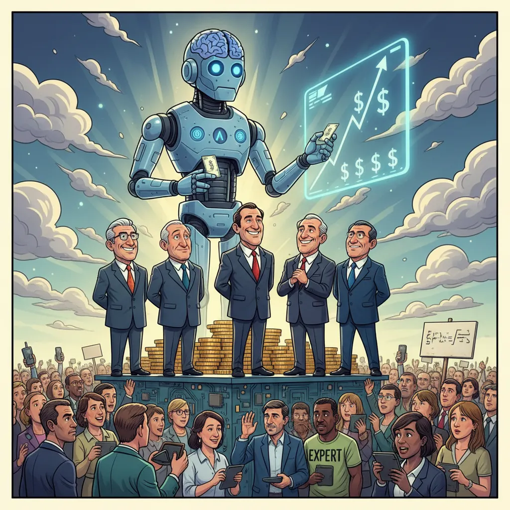 Billionaires Reassure Public That Flourishing AI Future Will Remarkably Mirror Their Existing Stock Options — Batshit Bugle satirical news illustration