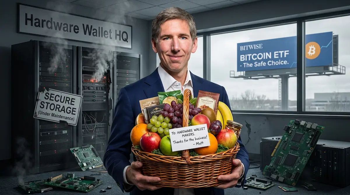 Bitwise CIO Sends Heartfelt Gift Basket to Hardware Wallet Makers for Unmatched ETF Promotional Support — Batshit Bugle satirical news illustration