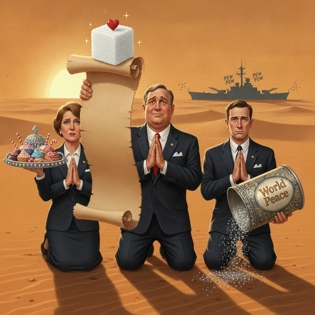 U.S. Diplomats Finalize Strongly-Worded Plea: 'Pretty Please, With Sugar On Top, Stop Shooting Our Ships' — Batshit Bugle satirical news illustration