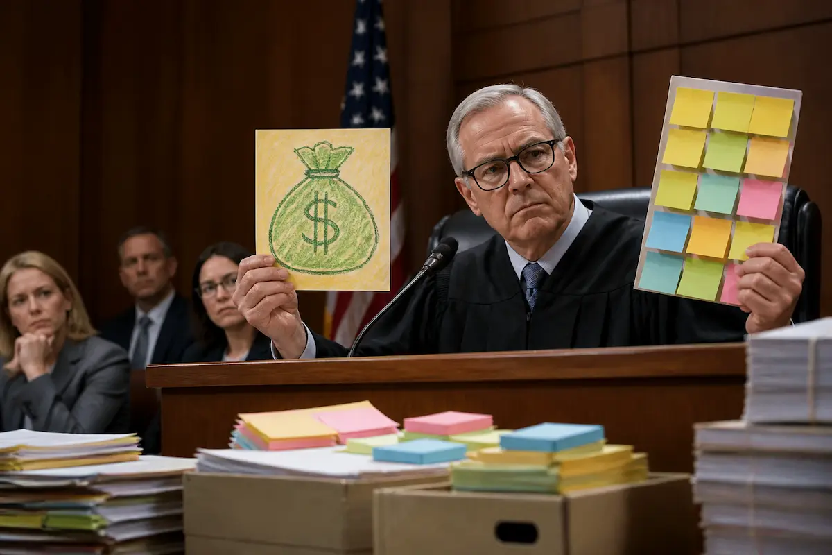 Federal Judge Reports L.A. Homeless Spending Records Consist Solely of Sticky Notes and a Crayon Drawing of a Money Bag — Batshit Bugle satirical news illustration