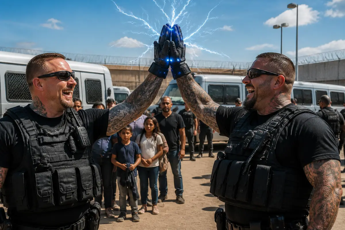 ICE Officers Laud New "Motivational Enhancement Gloves" for Expediting Arrests, Facility Processing — Batshit Bugle satirical news illustration