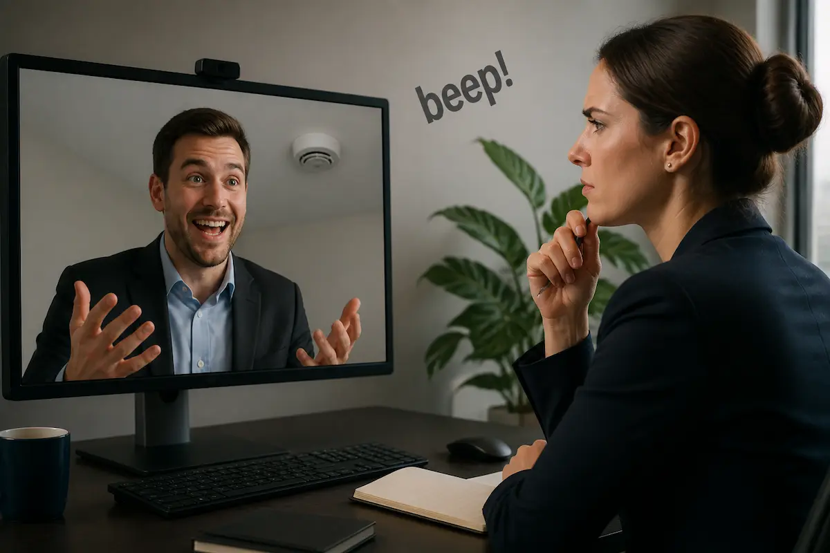 "Detail Oriented" Job Candidate Doesn't Realize Smoke Detector is Trying to Communicate With Him — Batshit Bugle satirical news illustration