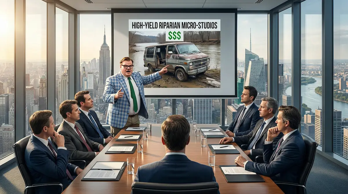 Invitation Homes Launches $600 Million Fund to Acquire Nation's "Vans Down by the River" — Batshit Bugle satirical news illustration