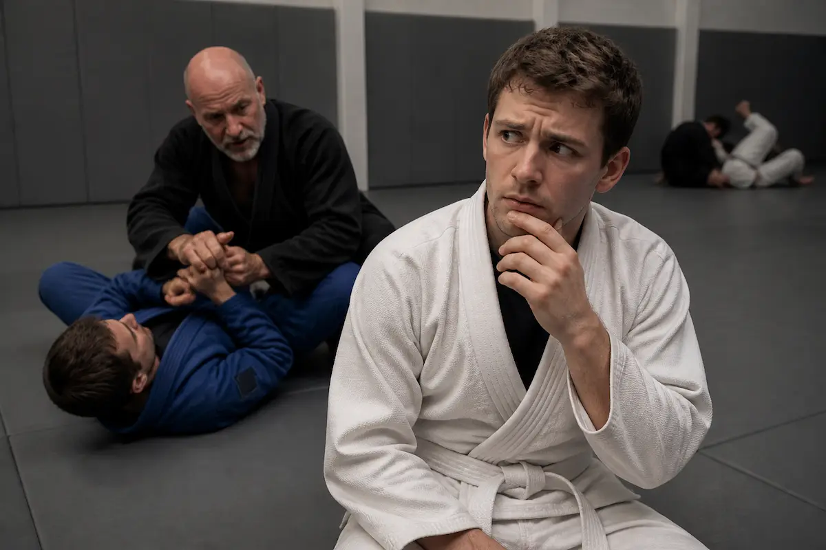 Local BJJ White Belt Grapples with Existential Doubt Over Instructor’s “Highly Advanced” Fingerwork — Batshit Bugle satirical news illustration