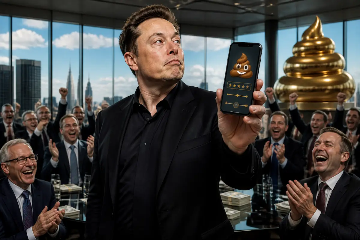Musk's "Rate My Poo" App Hits $100 Trillion Pre-Money Valuation; Experts Hail Untapped 'Global Excrement Economy' — Batshit Bugle satirical news illustration