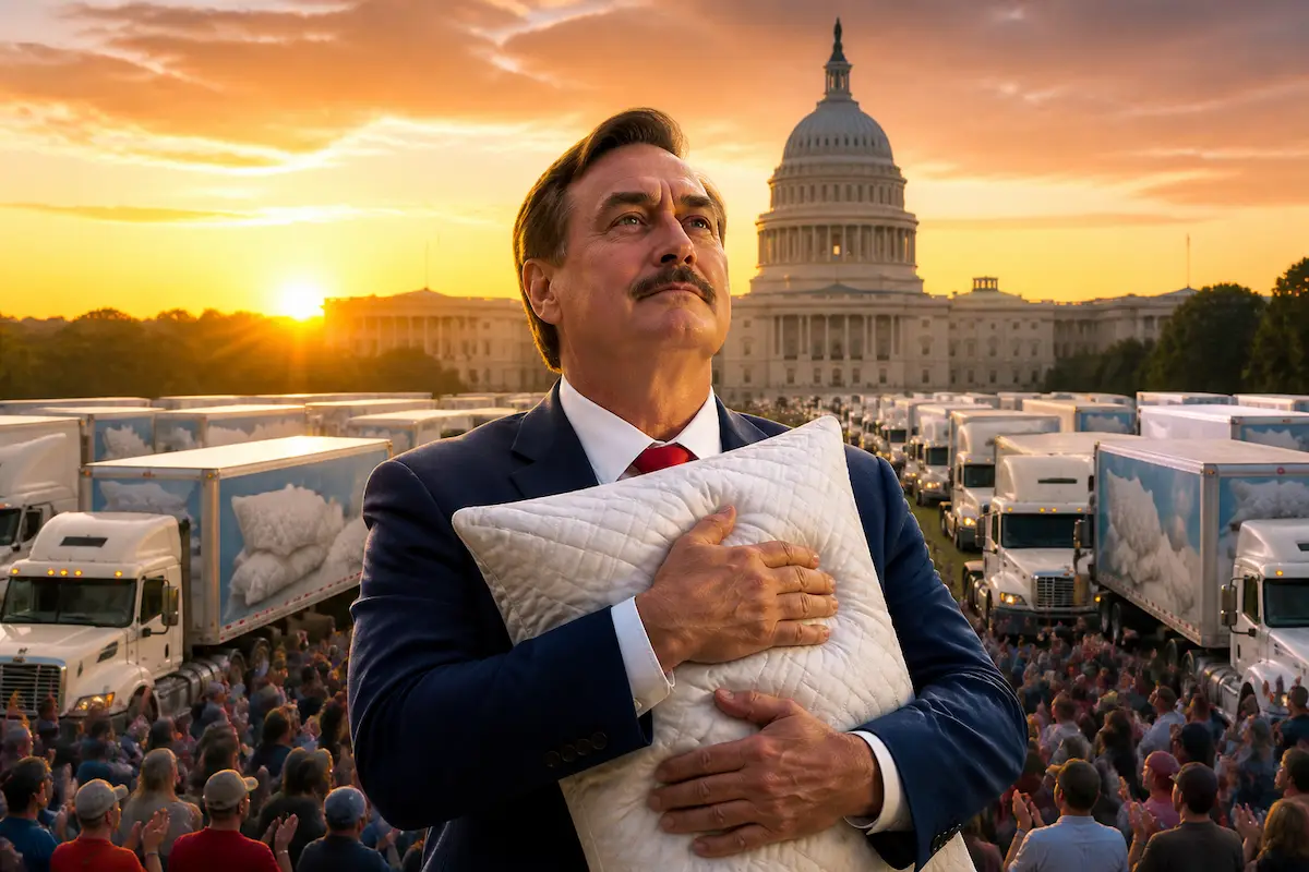 "MyPillow" Deemed Critical Infrastructure, Lindell Receives $50 Billion Federal Grant to Ensure Americans' Comfort in Times of "Electoral Uncertainty" — Batshit Bugle satirical news illustration