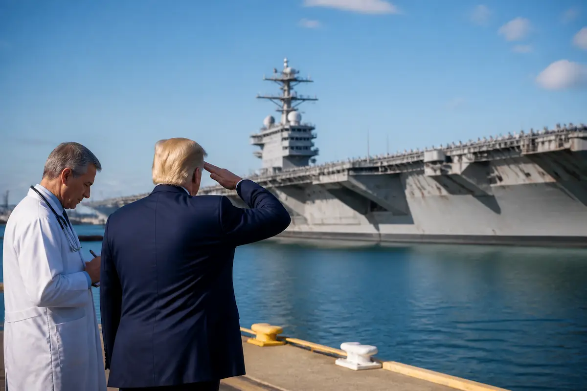Navy Naming Committee Considers 'USS Heel Spurs' To Honor Trump While Avoiding 'Sitting President' Controversy — Batshit Bugle satirical news illustration