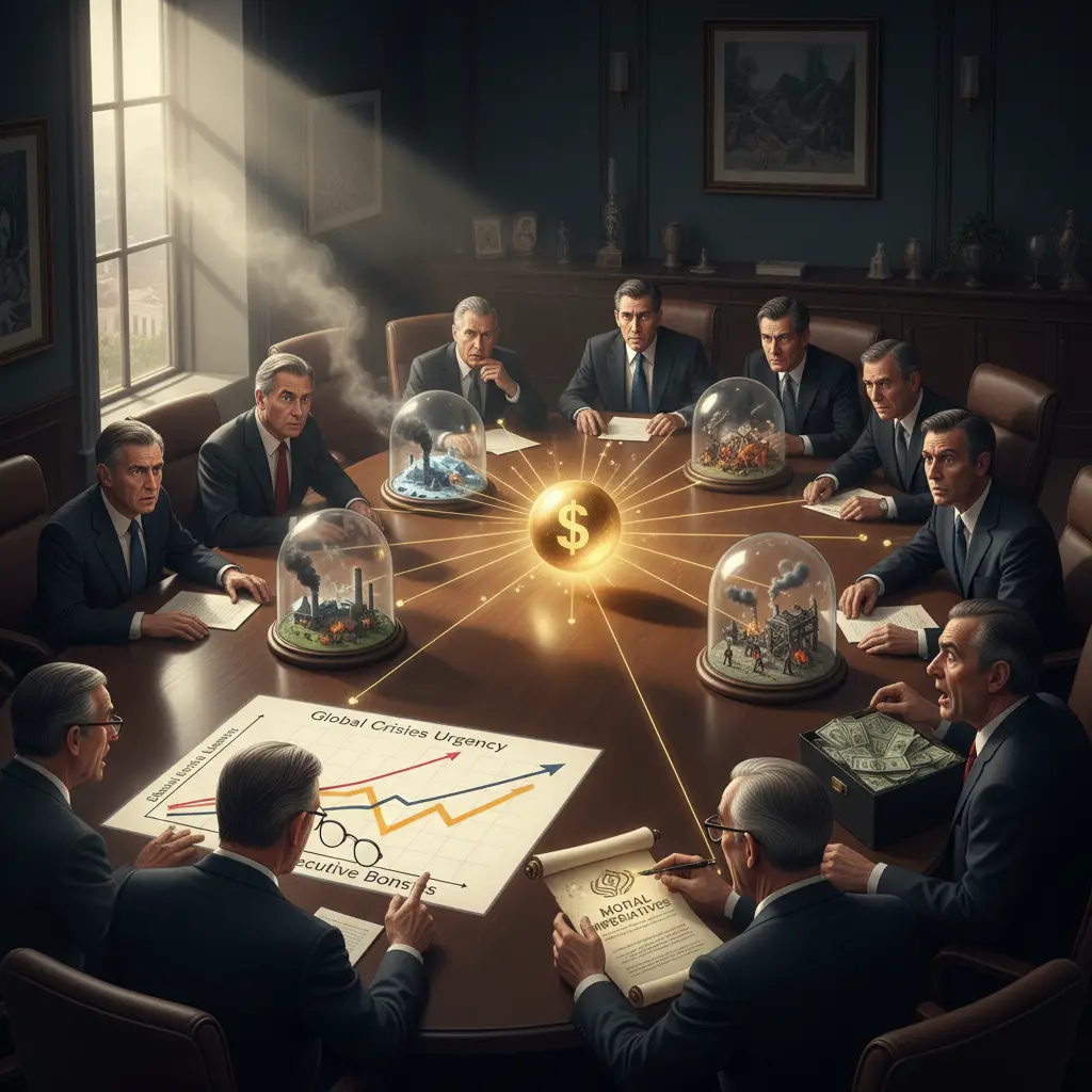 New Study Confirms Global Crises Gain Startling Urgency When Tied Directly to Executive Compensation — Batshit Bugle satirical news illustration