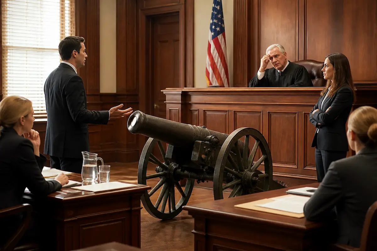 NYC Judge Rules Against JPMorgan Banker, Cites "Cannons" Allegation as Implausible — Batshit Bugle satirical news illustration