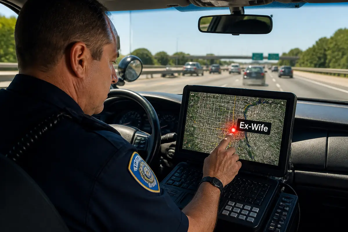 Officer Defends Stalking Ex-Wife with Flock Tech, Cites "The Inevitable March of Progress" — Batshit Bugle satirical news illustration
