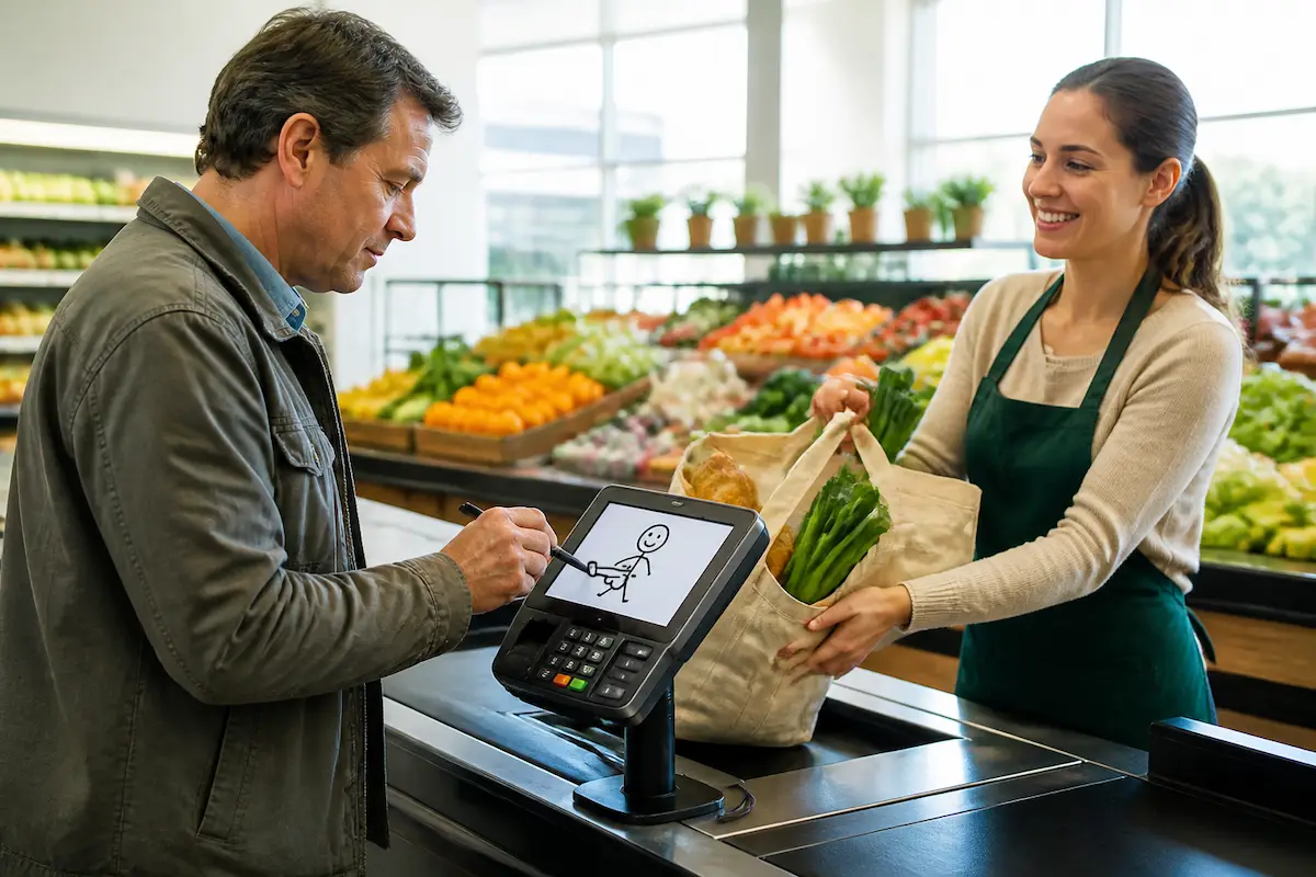 Man’s Phallic Signature at Checkout Terminal Deemed ‘Perfectly Valid’ By Banking System — Batshit Bugle satirical news illustration