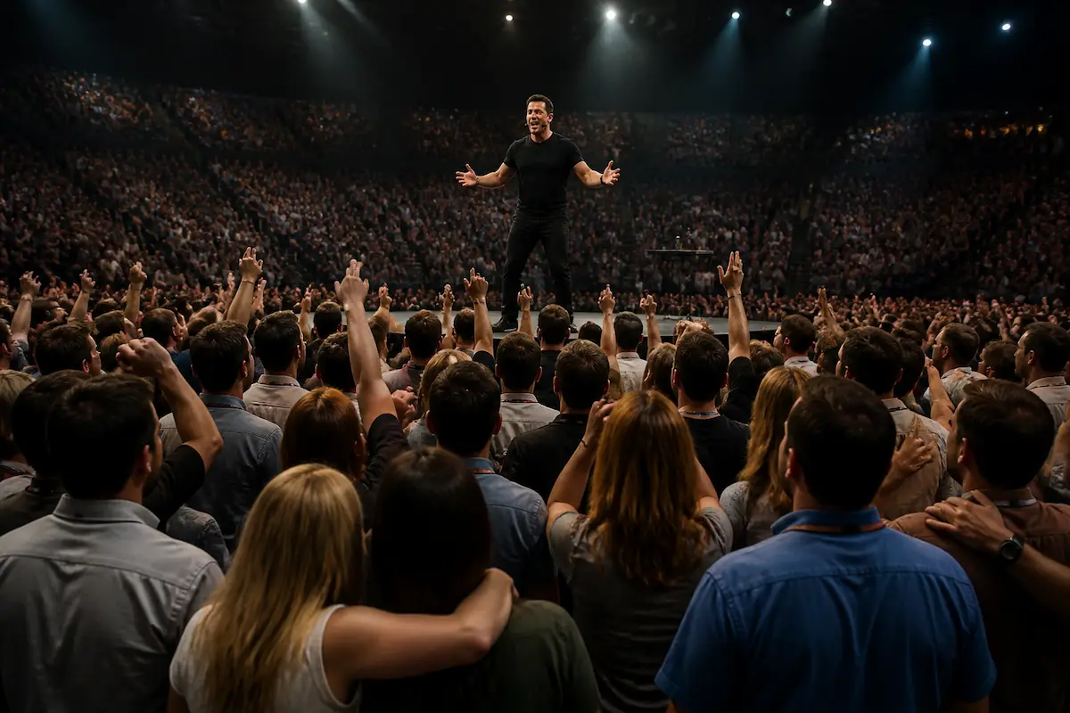 Study Reveals 97% of LinkedIn "Thought Leaders" Attended Same Tony Robbins Seminar in 2018 — Batshit Bugle satirical news illustration