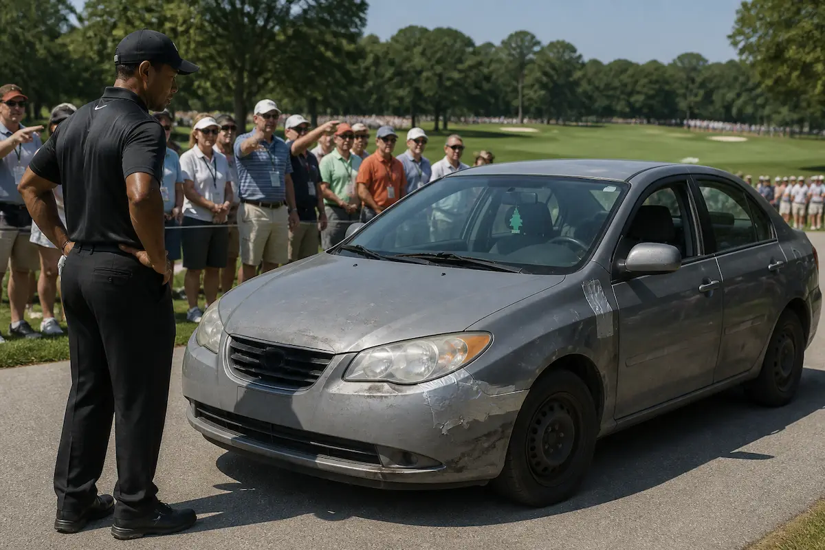 Tiger Woods Agrees To Plea Deal Mandating He Drive a 2011 Hyundai Elantra — Batshit Bugle satirical news illustration