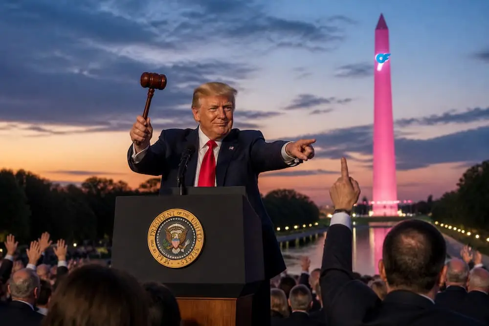 Trump Auctions Naming Rights to Washington Monument; TikTok Watermark Added to National Debt Clock — Batshit Bugle satirical news illustration