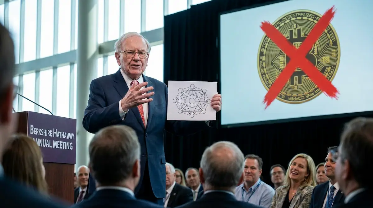 Warren Buffett Steps Down, Suggests Someone Invent Peer-To-Peer Electronic Cash System — Batshit Bugle satirical news illustration
